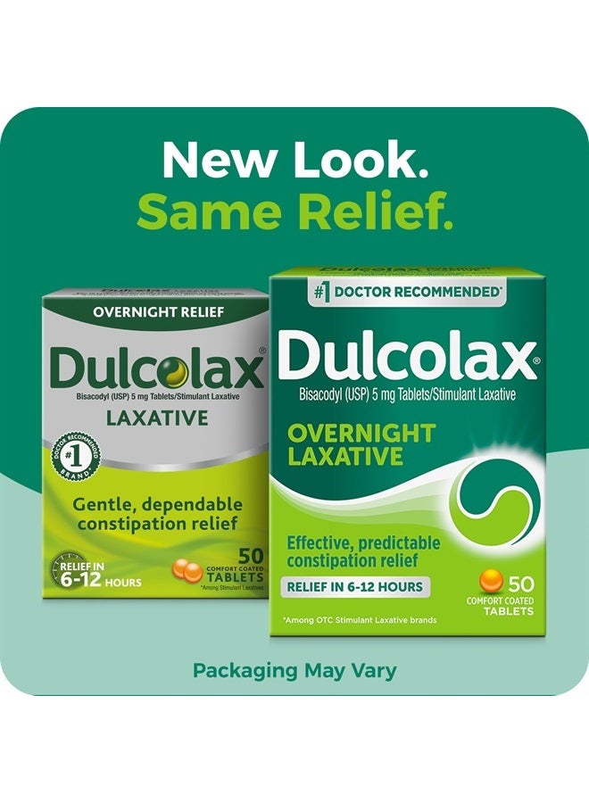 Overnight Relief Laxative for Gentle Constipation Relief, Bisacodyl 5 mg Tablets, 50 Count