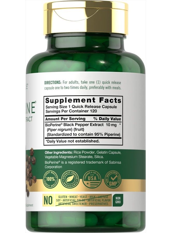 Bioperine 10mg | 120 Capsules | Non-GMO & Gluten Free | Sourced from Black Pepper Extract | Supports Curcumin Powder Absorption