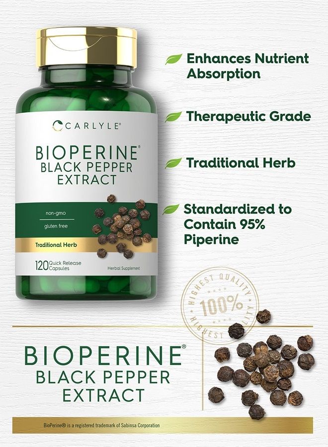 Bioperine 10mg | 120 Capsules | Non-GMO & Gluten Free | Sourced from Black Pepper Extract | Supports Curcumin Powder Absorption