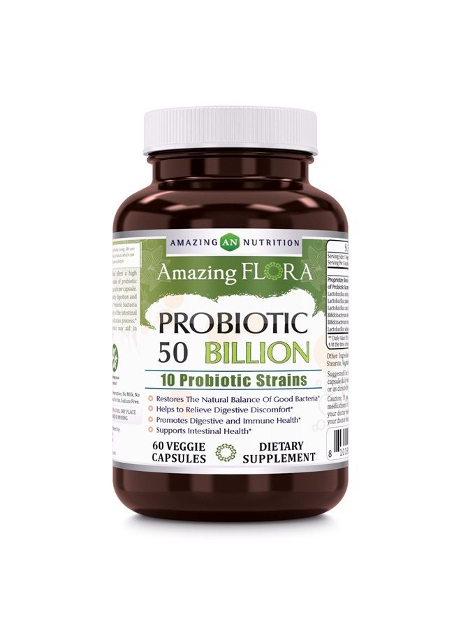 Amazing Flora Probiotic 10 Best Probiotics Strains, Veggie Capsules -Including Acidophilus, plantarum, rhamnosus etc * Supports Digestive & Immune Health * (50 Billion, 60 Count)