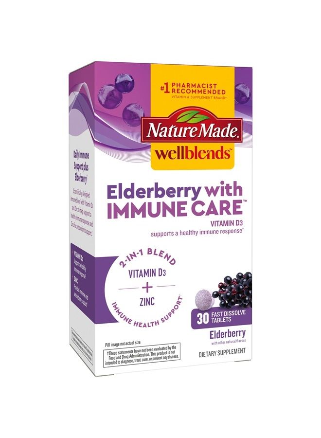 Wellblends Elderberry with ImmuneCare, Vitamin D3 and Zinc, with Elderberry Flavor, 30 Fast Dissolve Tablets