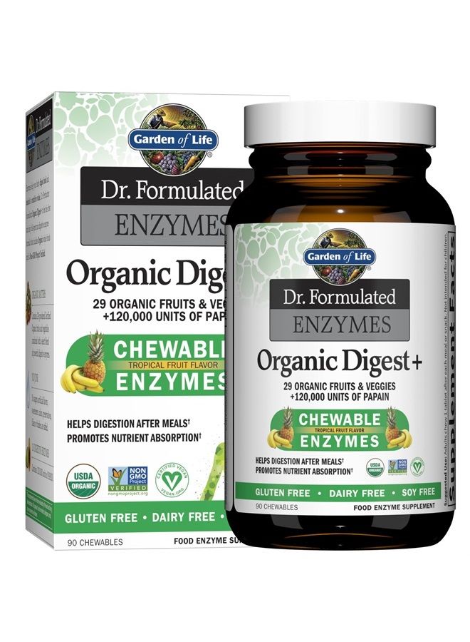 Dr Formulated Digestive Enzymes with Papain, Bromelain, Lipase for Digestion & Nutrient Absorption – Organic Digest+ - Vegan, Gluten-Free, Non-GMO, Tropical Fruit Flavor, 90 Chewables