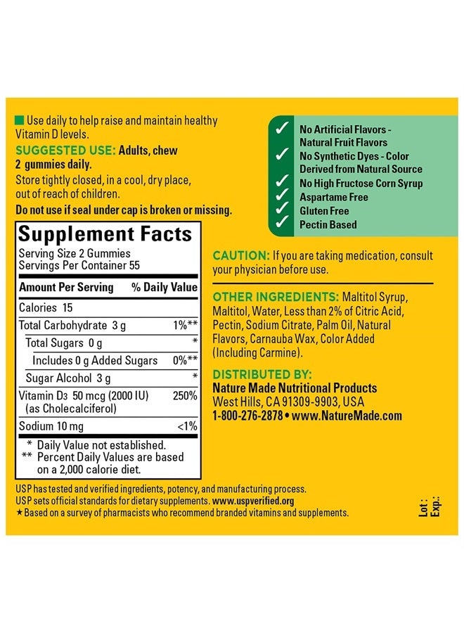 Zero Sugar Vitamin D3 Gummies 2000 IU (50 mcg) per Serving, Immune, Bone, Teeth & Muscle Support Supplement, 110 Sugar Free Vitamin D Gummies, 55 Day Supply