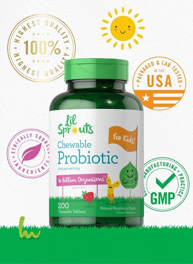 Probiotics for Kids | 200 Chewable Tablets | 6 Billion CFUs | Raspberry Flavor | Non-GMO, Gluten Free Probiotics for Children | by Lil' Sprouts