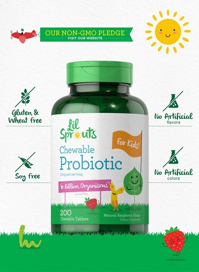 Probiotics for Kids | 200 Chewable Tablets | 6 Billion CFUs | Raspberry Flavor | Non-GMO, Gluten Free Probiotics for Children | by Lil' Sprouts