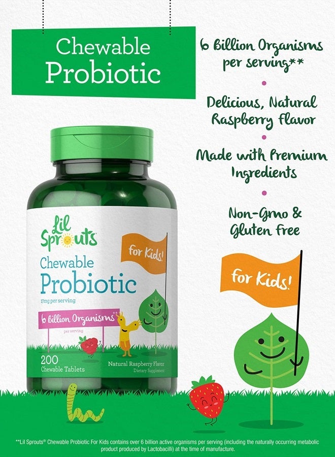 Probiotics for Kids | 200 Chewable Tablets | 6 Billion CFUs | Raspberry Flavor | Non-GMO, Gluten Free Probiotics for Children | by Lil' Sprouts