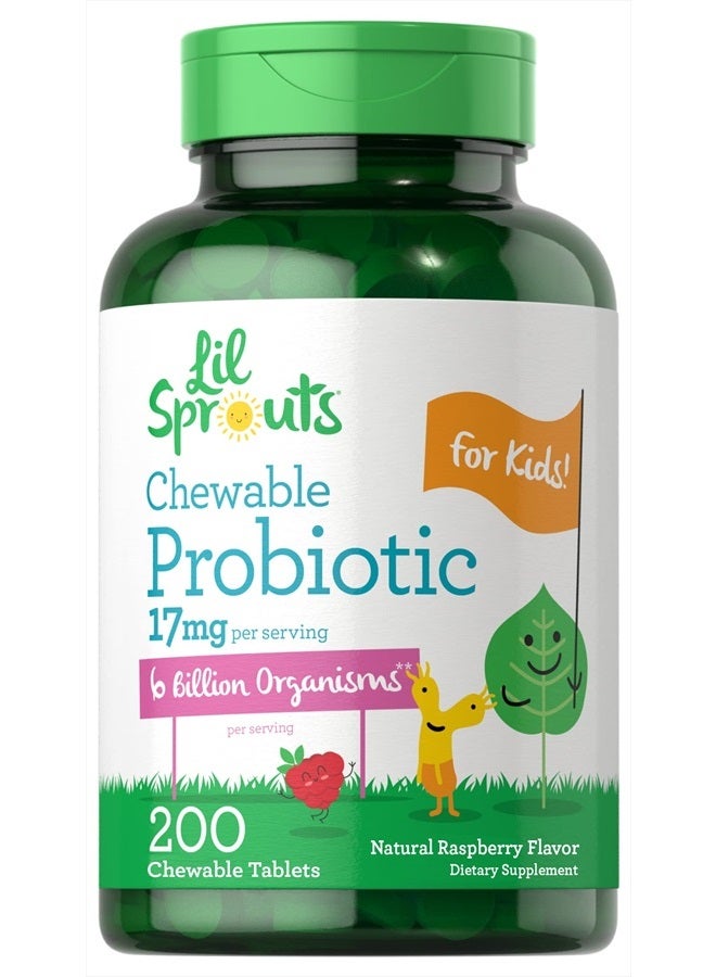 Probiotics for Kids | 200 Chewable Tablets | 6 Billion CFUs | Raspberry Flavor | Non-GMO, Gluten Free Probiotics for Children | by Lil' Sprouts