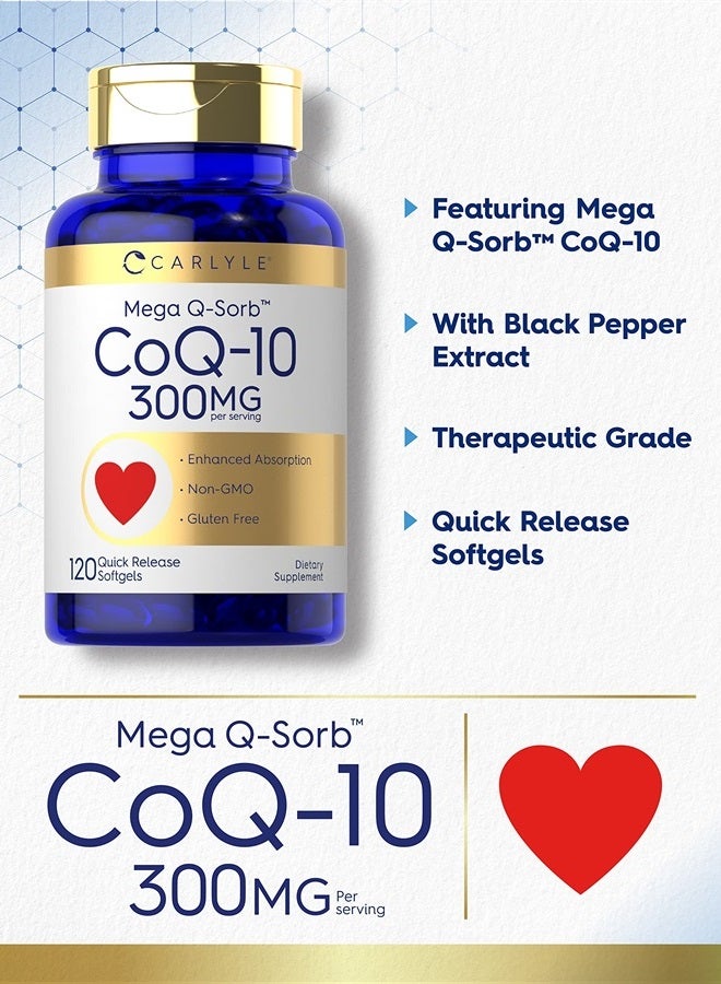 CoQ10 300mg | 120 Softgels | Mega Q-Sorb Coenzyme Q-10 | with Black Pepper Extract | Non-GMO, Gluten Free