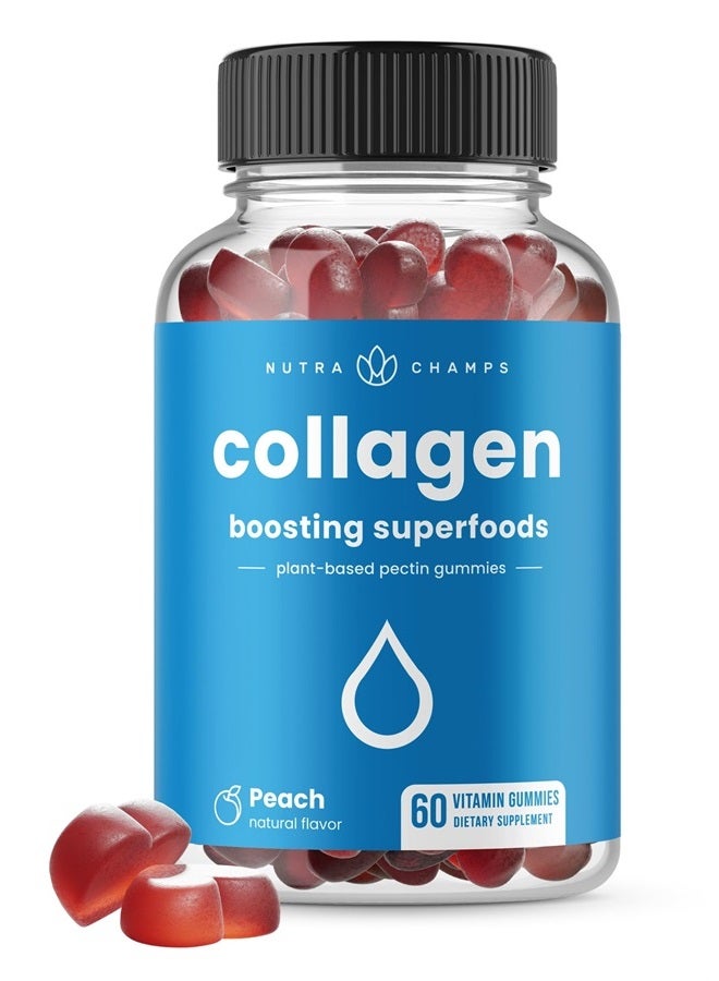 Collagen Boosting Gummies | Collagen Booster Gummy for Natural Collagen Production | Hair, Skin, Nails, Joint Support | Vegan Pectin Supplements Chews for Women & Men | 60 Peach Vitamins Gummies