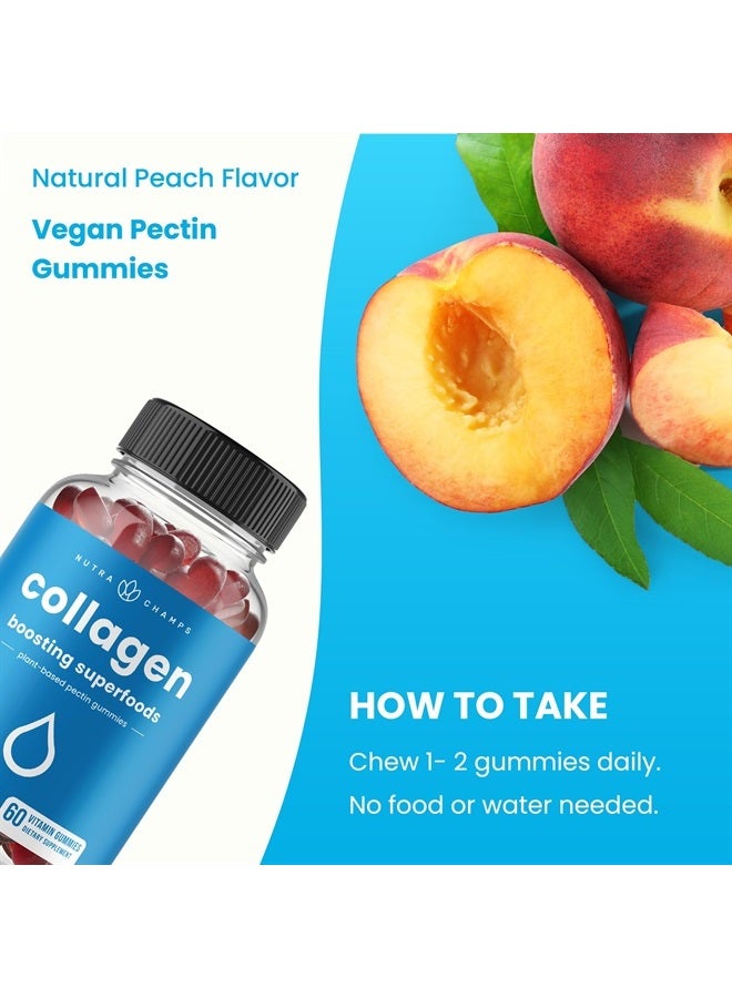 Collagen Boosting Gummies | Collagen Booster Gummy for Natural Collagen Production | Hair, Skin, Nails, Joint Support | Vegan Pectin Supplements Chews for Women & Men | 60 Peach Vitamins Gummies