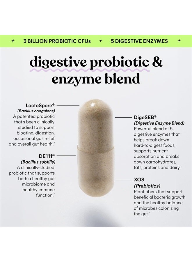 Debloat 3-in-1 Prebiotic, Probiotic & Digestive Enzymes for Bloating and Gas Relief - 2 Clinically Studied Probiotics w/ 5 Digestive Enzymes to Improve Digestion for Women & Men, Vegan, 60 ct