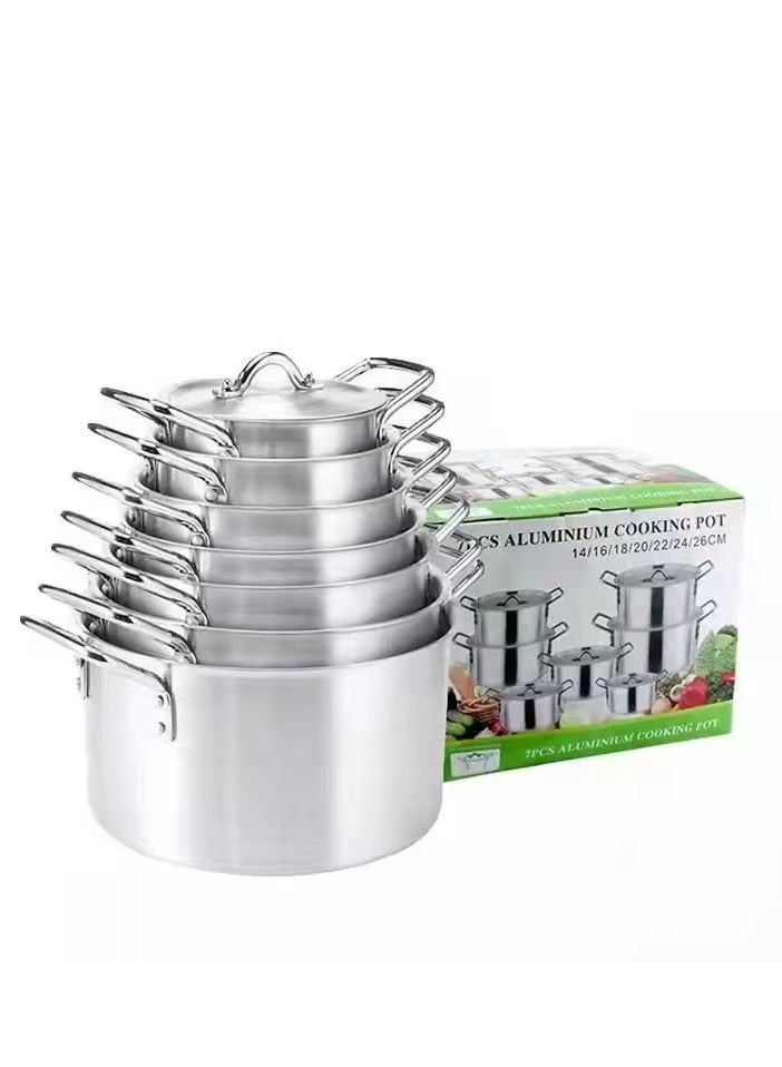 7-Piece Aluminum Cookware Set, Silver Non-Stick Pots Ranging From 14CM To 26CM