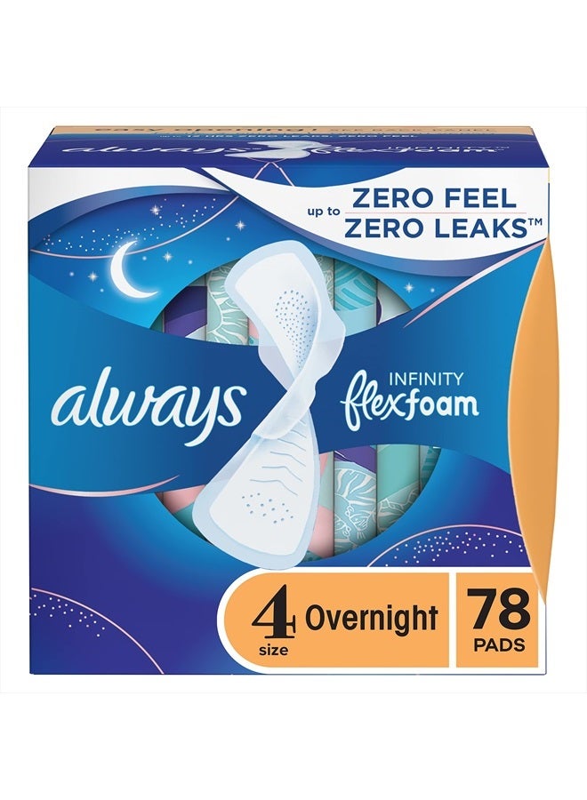 Infinity Feminine Pads For Women, Size 4 Overnight Absorbency, Multipack, With Flexfoam, With Wings, Unscented, 26 Count x 3 Packs (78 Count total)