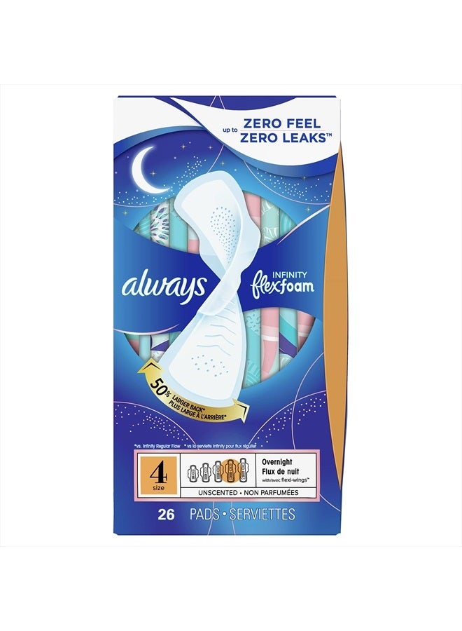 Infinity Feminine Pads For Women, Size 4 Overnight Absorbency, Multipack, With Flexfoam, With Wings, Unscented, 26 Count x 3 Packs (78 Count total)