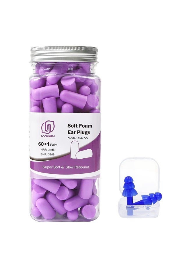 Ultra Soft Foam Earplugs Sleep - 38dB SNR Noise Cancelling Ear Plugs for Sleeping, Shooting, Snoring, Work Loud Sound Reduction- 60 Pairs Valued Pack,Purple