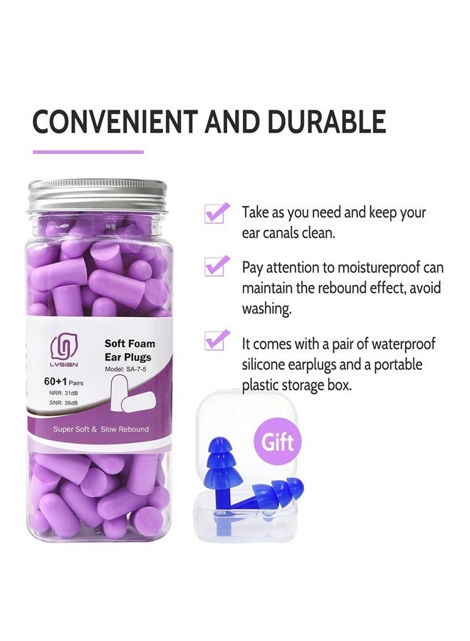 Ultra Soft Foam Earplugs Sleep - 38dB SNR Noise Cancelling Ear Plugs for Sleeping, Shooting, Snoring, Work Loud Sound Reduction- 60 Pairs Valued Pack,Purple