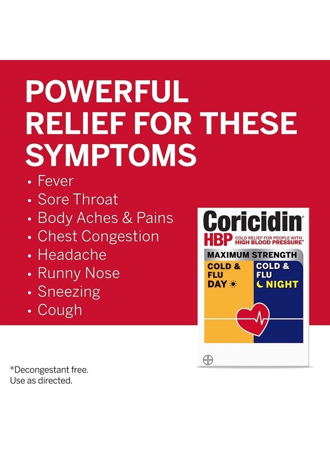 , Decongestant-Free Cold Symptom Relief for People with High Blood Pressure, Maximum Strength Cold & Flu Day + Night Liquid Gels, 24 Count