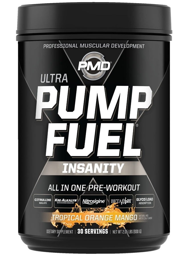 Sports Ultra Pump Fuel Insanity - Pre Workout Drink Mix for Energy, Strength, Endurance, Recovery - Complex Carbohydrates and Amino Energy - Tropical Orange Mango (30 Servings)