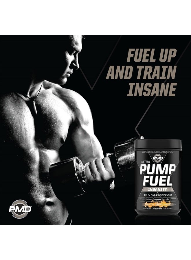 Sports Ultra Pump Fuel Insanity - Pre Workout Drink Mix for Energy, Strength, Endurance, Recovery - Complex Carbohydrates and Amino Energy - Tropical Orange Mango (30 Servings)