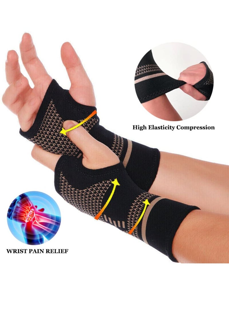 Wrist Support Brace, 1 Pair Carpal Tunnel Relief Fitness Sleeve, Copper Wrist Compression Sleeve, Elastic Breathable Wrist Support Sleeve Wrist Brace for Tendonitis, Arthritis, Sprains Pain Relief