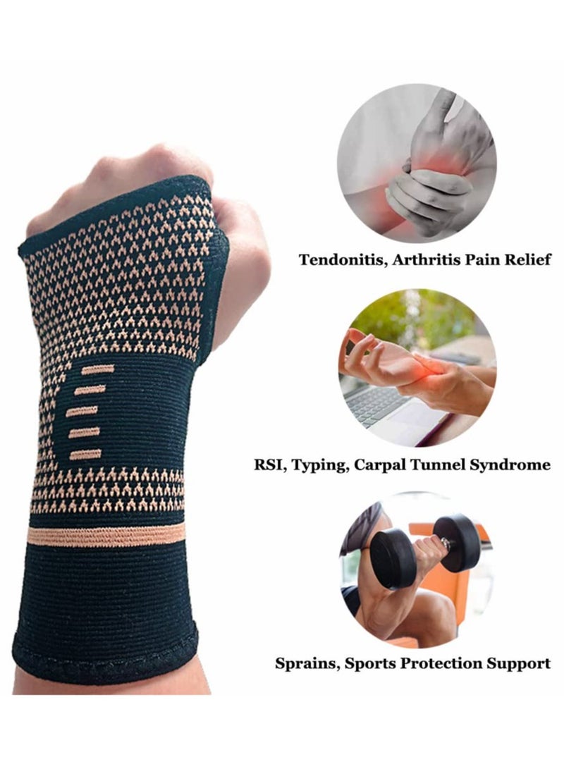 Wrist Support Brace, 1 Pair Carpal Tunnel Relief Fitness Sleeve, Copper Wrist Compression Sleeve, Elastic Breathable Wrist Support Sleeve Wrist Brace for Tendonitis, Arthritis, Sprains Pain Relief