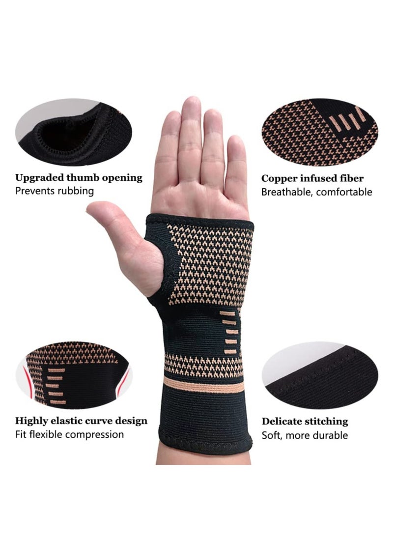 Wrist Support Brace, 1 Pair Carpal Tunnel Relief Fitness Sleeve, Copper Wrist Compression Sleeve, Elastic Breathable Wrist Support Sleeve Wrist Brace for Tendonitis, Arthritis, Sprains Pain Relief