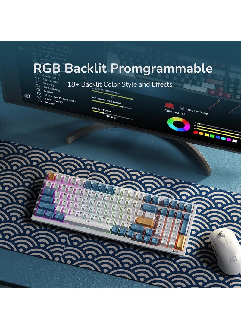 RK98 Tri - Mode 2.4G/BT5.1/USB-C 100 Keys Hot Swappable Brown Switches with Number Pad RGB Backlit 3750mAh Battery NKRO Gaming Keyboard Ergonomic Design Wireless Mechanical Keyboard