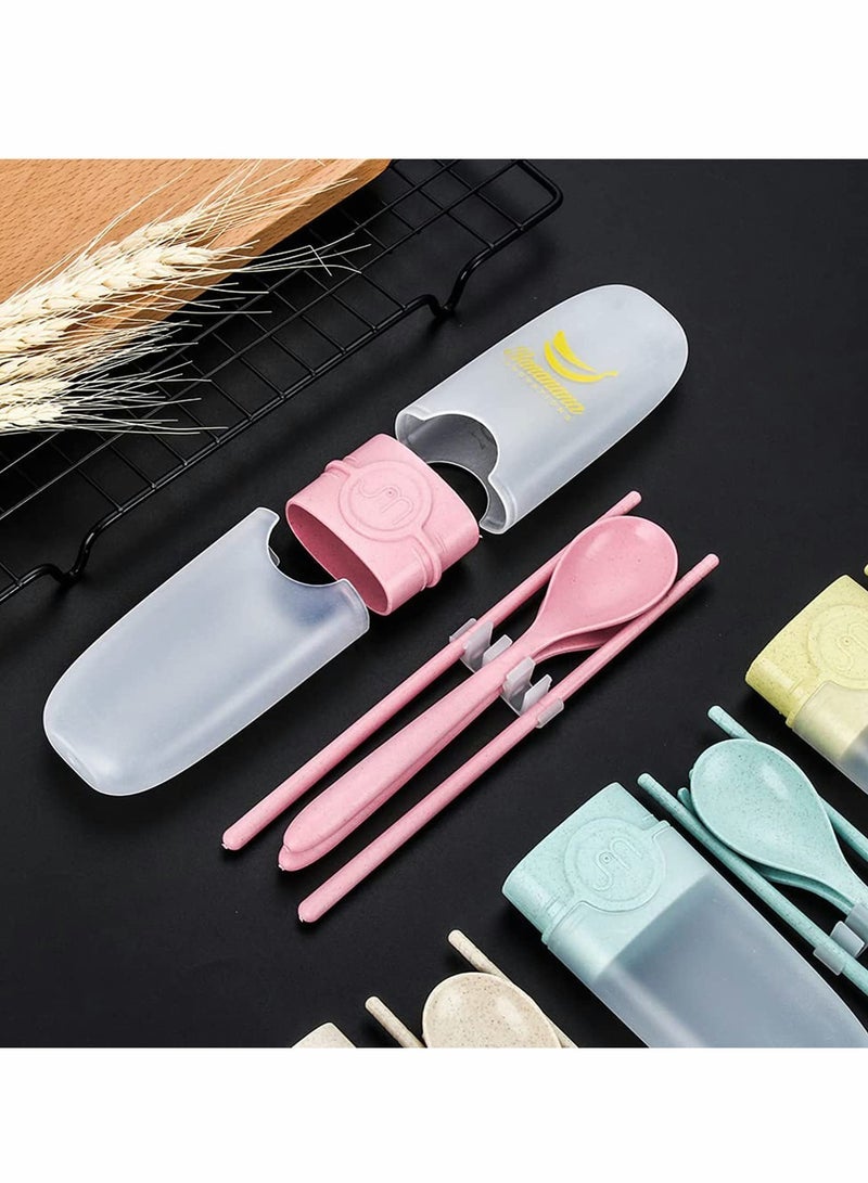 Travel Utensils, 4 sets Reusable Portable Cutlery Set, Natural Wheat Straw Chopstick Fork and Spoon Set Plastic Silverware with Carrying Case, for School, Office, kids, Adult (4 sets, 4 colors)