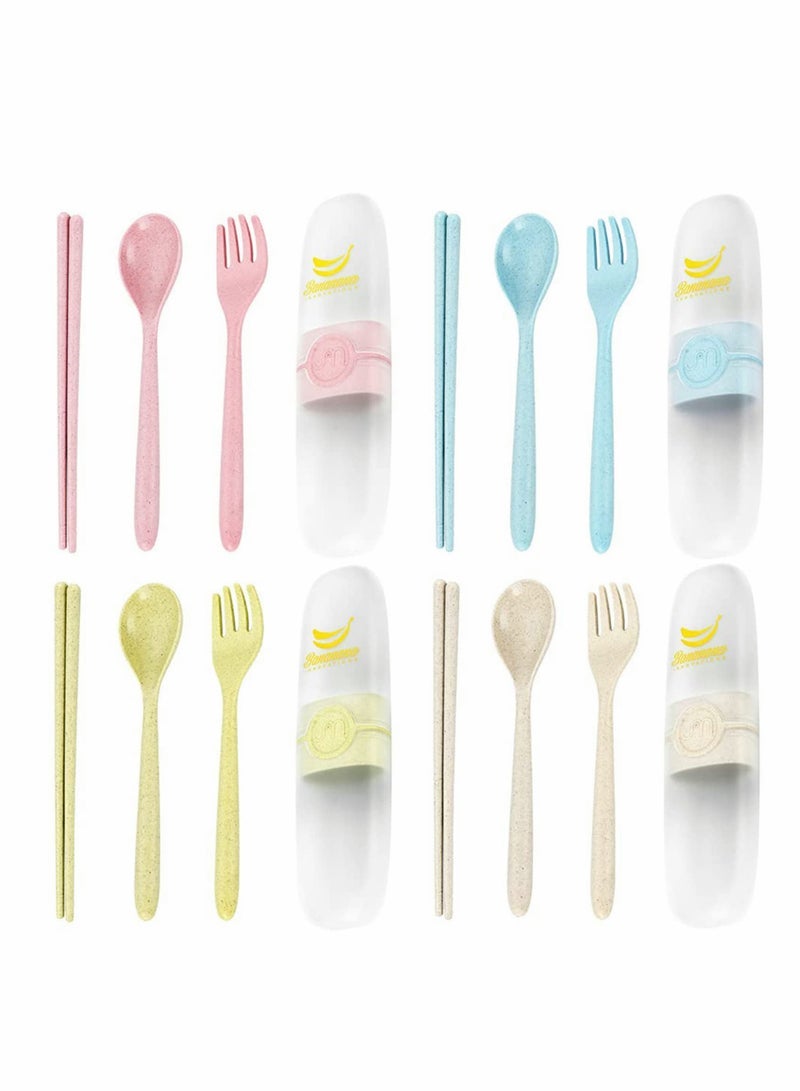 Travel Utensils, 4 sets Reusable Portable Cutlery Set, Natural Wheat Straw Chopstick Fork and Spoon Set Plastic Silverware with Carrying Case, for School, Office, kids, Adult (4 sets, 4 colors)