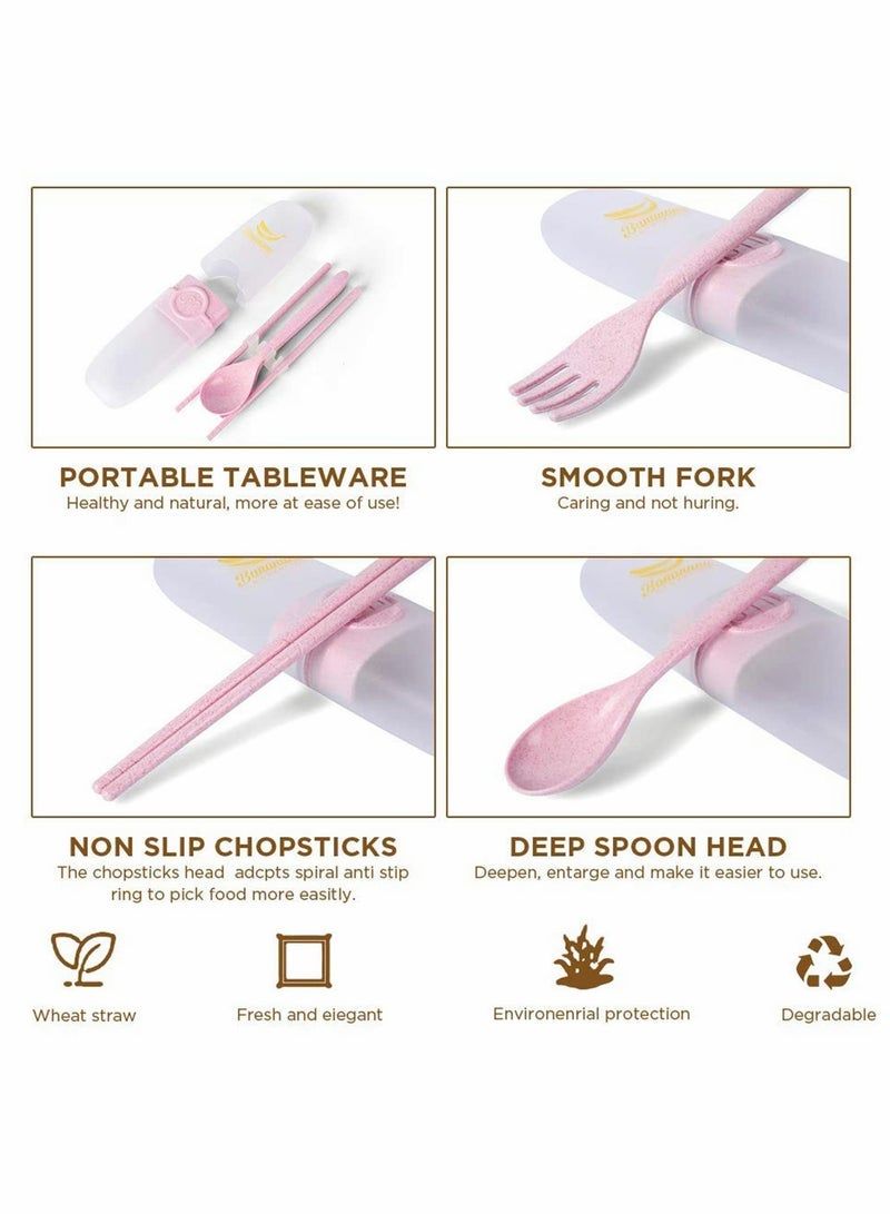 Travel Utensils, 4 sets Reusable Portable Cutlery Set, Natural Wheat Straw Chopstick Fork and Spoon Set Plastic Silverware with Carrying Case, for School, Office, kids, Adult (4 sets, 4 colors)