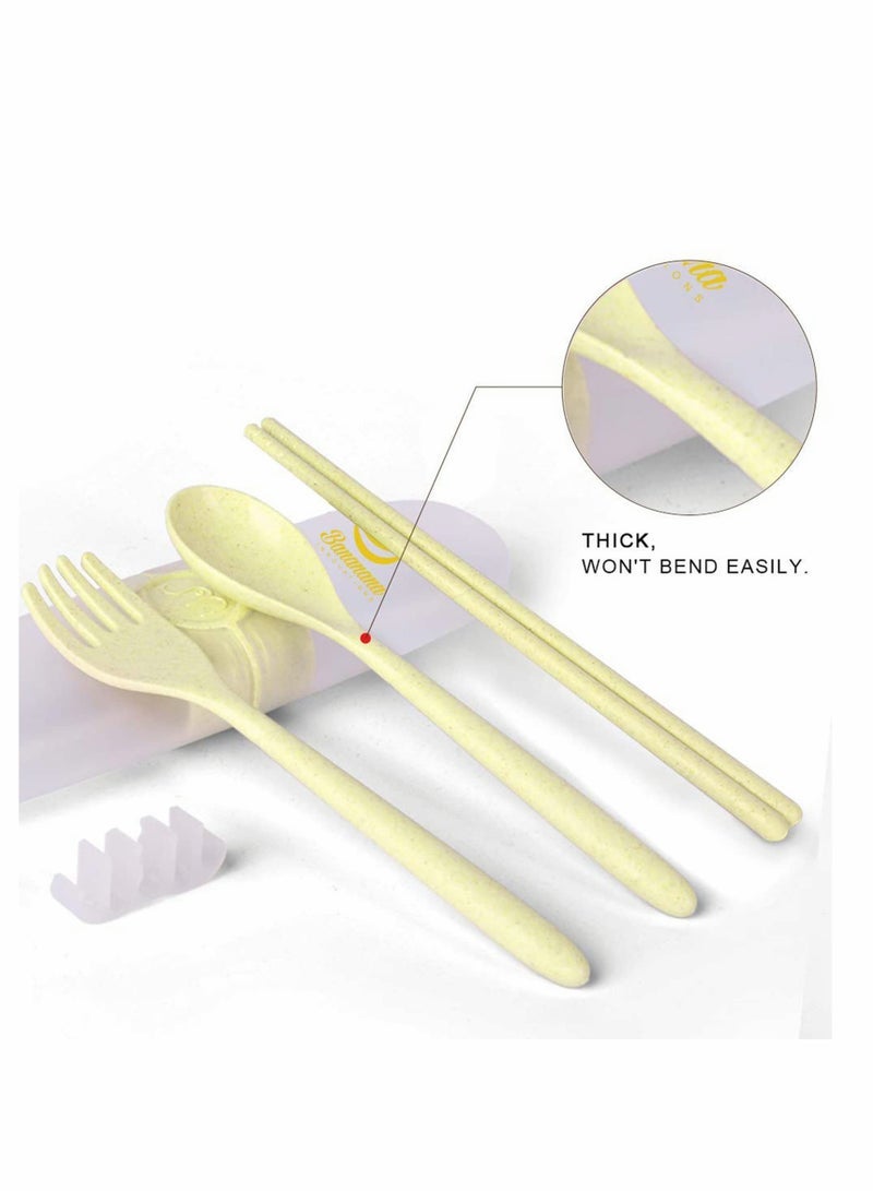 Travel Utensils, 4 sets Reusable Portable Cutlery Set, Natural Wheat Straw Chopstick Fork and Spoon Set Plastic Silverware with Carrying Case, for School, Office, kids, Adult (4 sets, 4 colors)