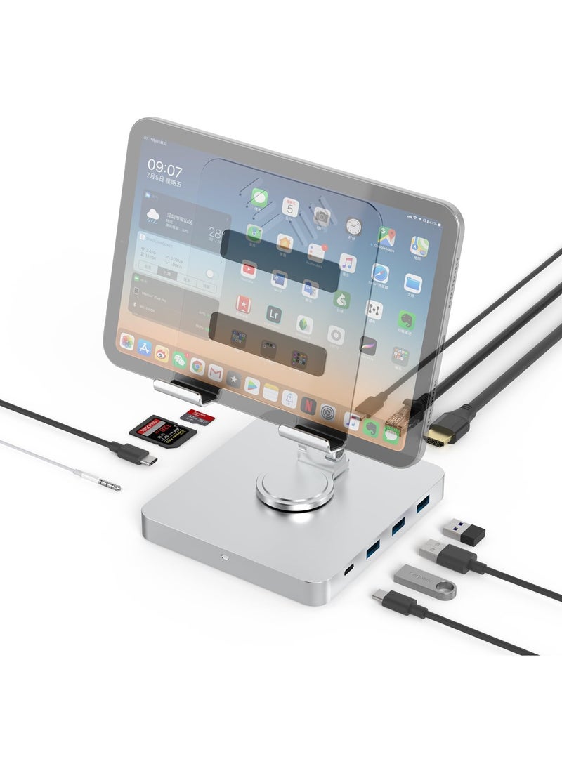 Docking Station for iPad Pro with Rotating Folding Stand, Portable USB C Hub with HDMI 4K @ 60Hz, 1000M LAN RJ45, PD 100W, USB C 3.0, 3.5 mm Headset Port, Micro SD/SD Card Slots