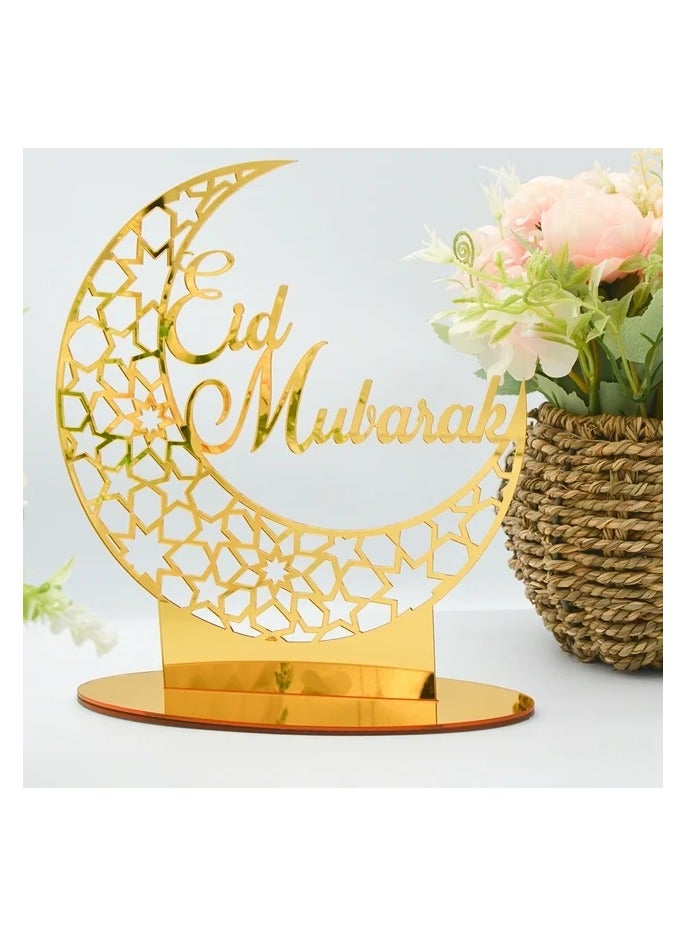 Exquisite Acrylic Ramadan Tabletop Decor for Home, Islamic Lightweight Craft Ornament Featuring Eid Mubarak Calligraphy, Perfect Crescent Ornaments for Islamic Parties, Radiant in Gold