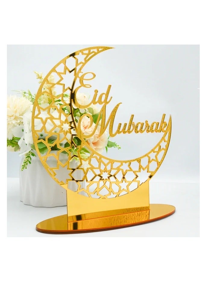 Exquisite Acrylic Ramadan Tabletop Decor for Home, Islamic Lightweight Craft Ornament Featuring Eid Mubarak Calligraphy, Perfect Crescent Ornaments for Islamic Parties, Radiant in Gold