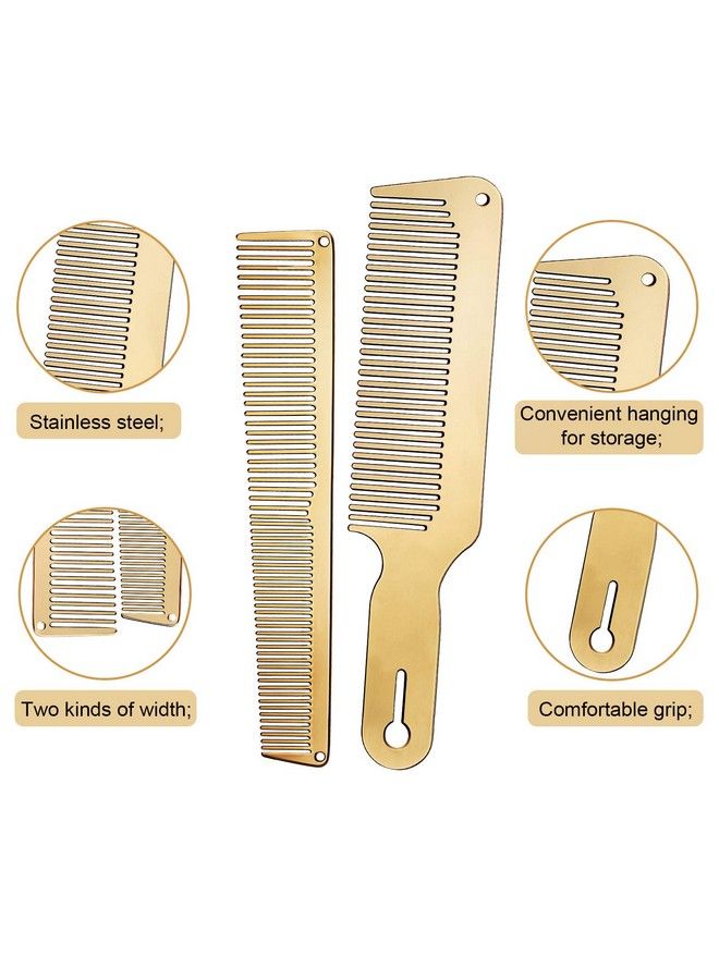 2 Pieces Metal Comb Set Metal Barber Comb Stainless Steel Blending Comb Fine Styling Cutting Comb Flat Top Clipper Comb Metal Detangling Comb For Men Women Salon 2 Styles (Gold)