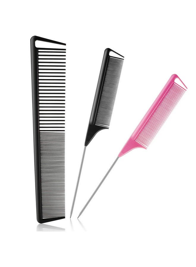 3 Pieces Pintail Comb Rat Tail Comb Carbon Fiber Cutting Comb Set Stainless Steel Pintail Comb Teasing Comb Parting Comb Wide And Fine Teeth Comb For Braids Hair Salon Home Supplies Black