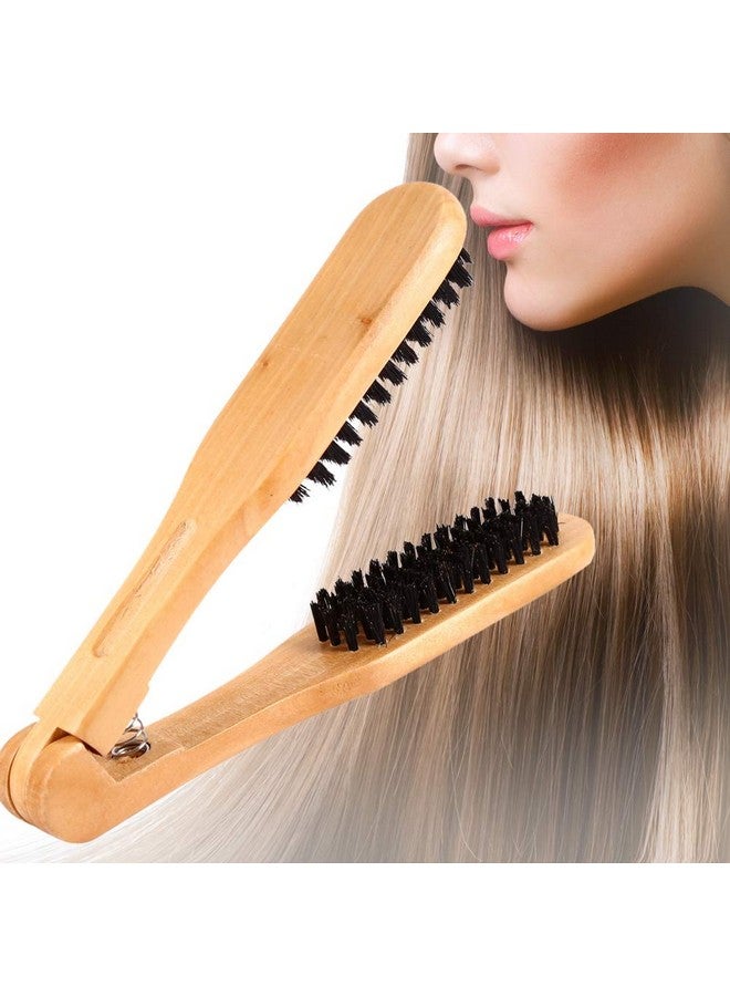 Hair Straightener Clamp Brush Double Sided Straightening Comb Wooden Anti Static V Shape Styling Boar Bristles Detangler Tool For Hairdressing Tools