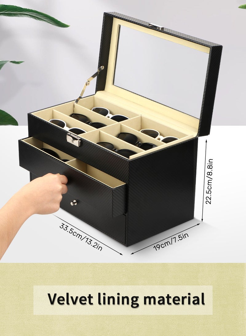 12 Watch Box Jewelry Case and 12 Piece Eyeglasses Storage and Sunglass Glasses Leather Display Drawer Lockable Case Organizer