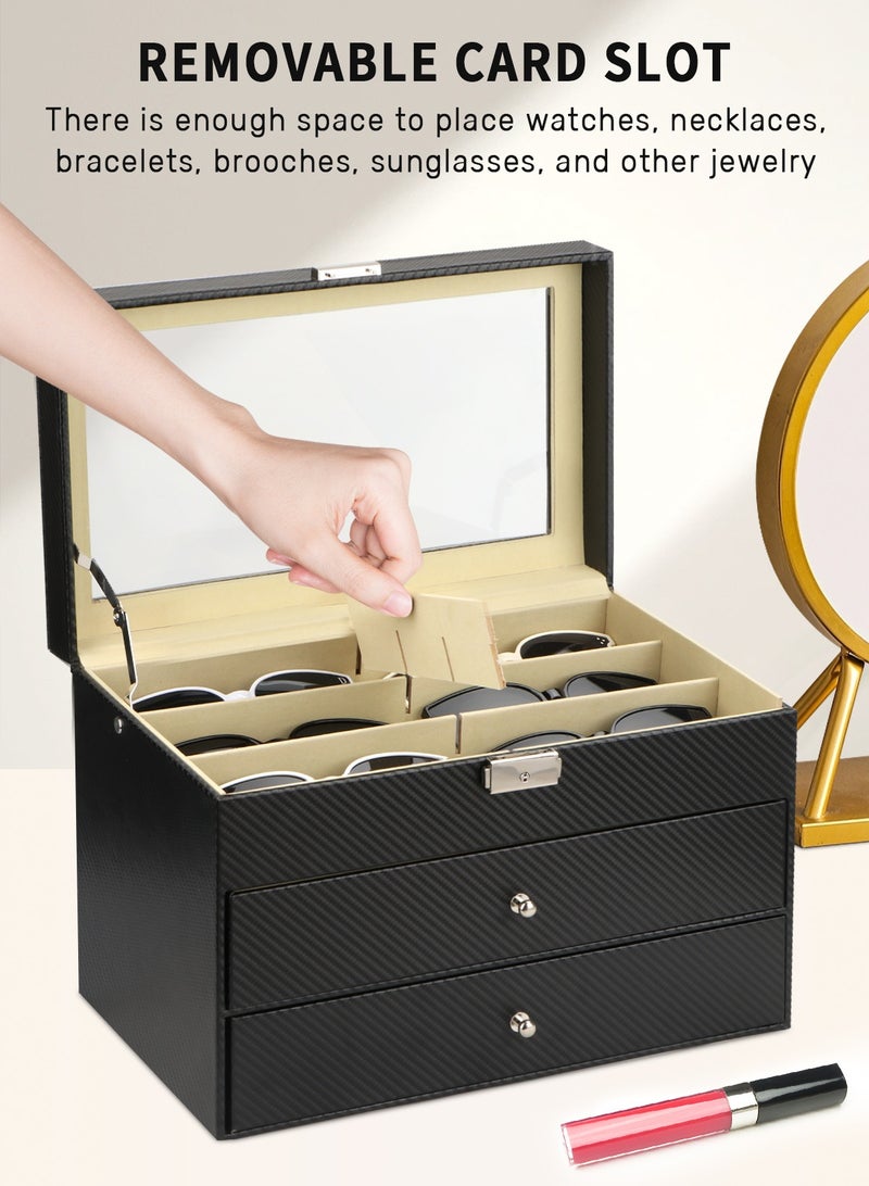 12 Watch Box Jewelry Case and 12 Piece Eyeglasses Storage and Sunglass Glasses Leather Display Drawer Lockable Case Organizer