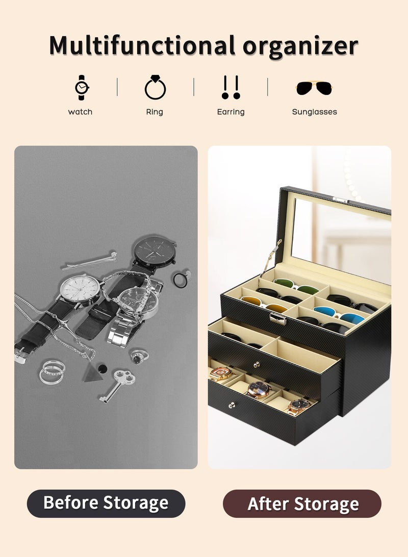 12 Watch Box Jewelry Case and 12 Piece Eyeglasses Storage and Sunglass Glasses Leather Display Drawer Lockable Case Organizer