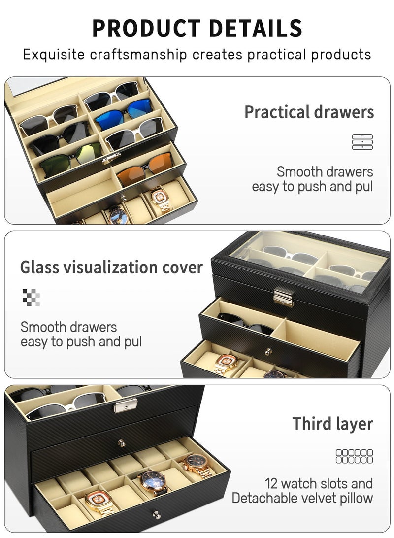 12 Watch Box Jewelry Case and 12 Piece Eyeglasses Storage and Sunglass Glasses Leather Display Drawer Lockable Case Organizer