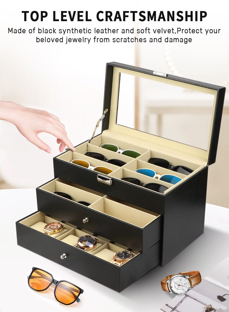 12 Watch Box Jewelry Case and 12 Piece Eyeglasses Storage and Sunglass Glasses Leather Display Drawer Lockable Case Organizer