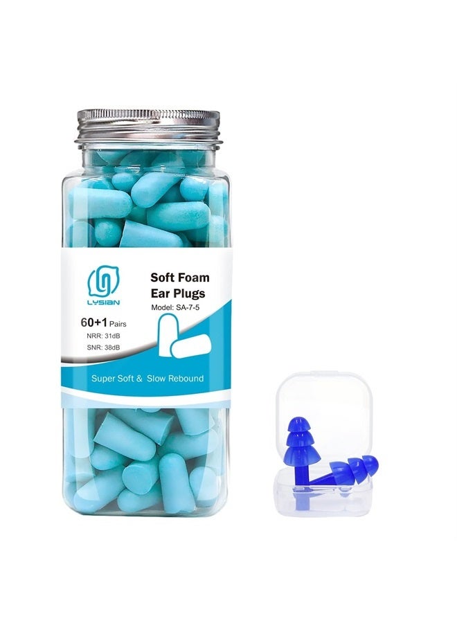 Ultra Soft Foam Earplugs Sleep 38dB SNR 31dB NRR Sound Blocking Noise Cancelling Ear Plugs for Sleeping, Travel, Shooting And Working - 60 Pairs Pack, Lake Blue