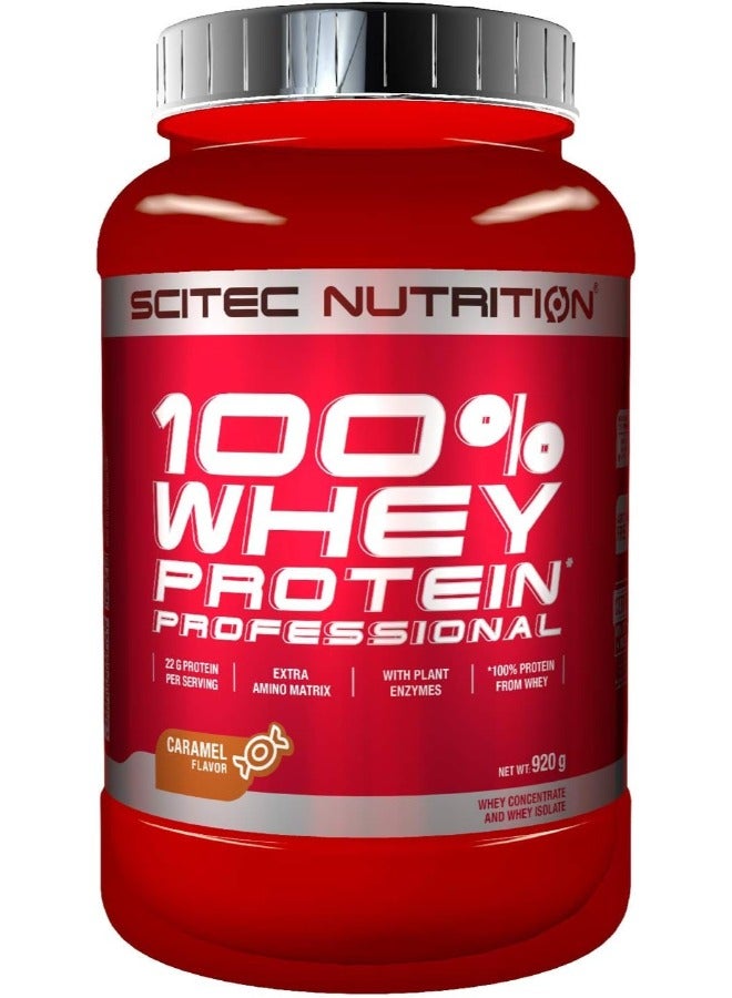 Scitec Nutrition 100% Whey Protein Professional with Extra Key Aminos and Digestive Enzymes, no Added Sugar, Gluten Free, 920 Gm, Caramel Flavoured