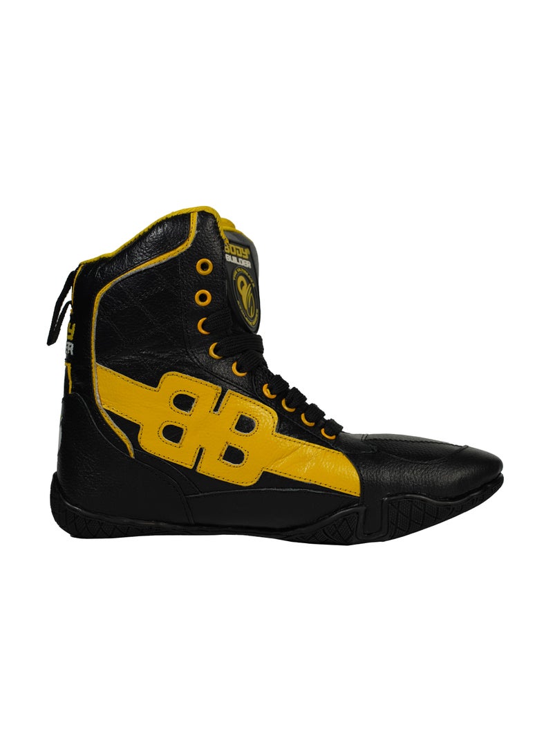 Body Builder Ultimate Athletic Shoes - Genuine Leather, Shoes for Bodybuilding and Weightlifting, Black and Yellow, 44 EU