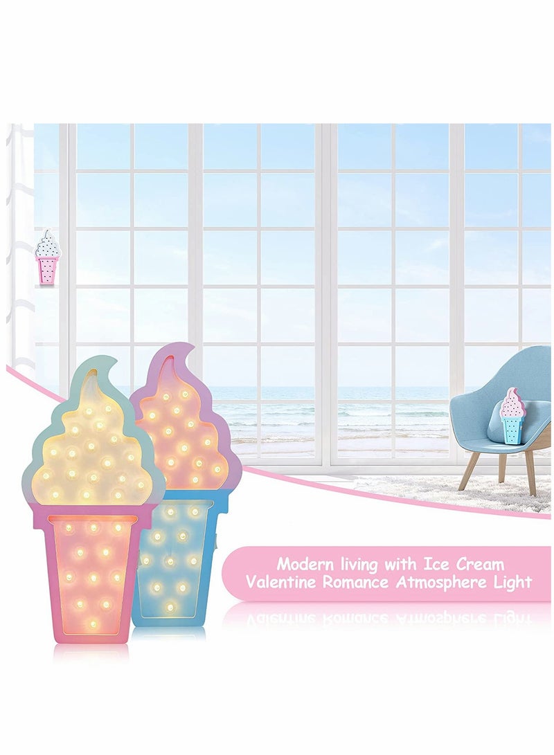 2 Pcs Ice Cream Light Valen tine Romance Atmosphere Wooden Ice Cream LED Night Light Ice Cream Theme Valen tine Romance Lamps Battery Operated LED Night Lights for Birthday Party Decor Blue Pink