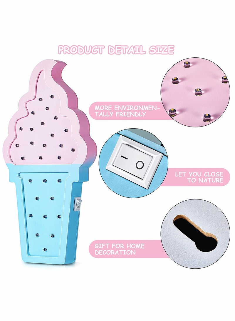 2 Pcs Ice Cream Light Valen tine Romance Atmosphere Wooden Ice Cream LED Night Light Ice Cream Theme Valen tine Romance Lamps Battery Operated LED Night Lights for Birthday Party Decor Blue Pink