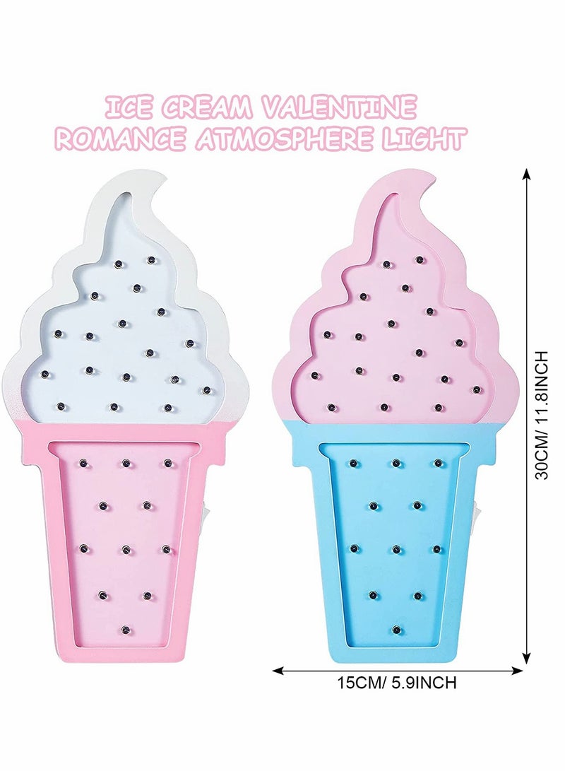 2 Pcs Ice Cream Light Valen tine Romance Atmosphere Wooden Ice Cream LED Night Light Ice Cream Theme Valen tine Romance Lamps Battery Operated LED Night Lights for Birthday Party Decor Blue Pink