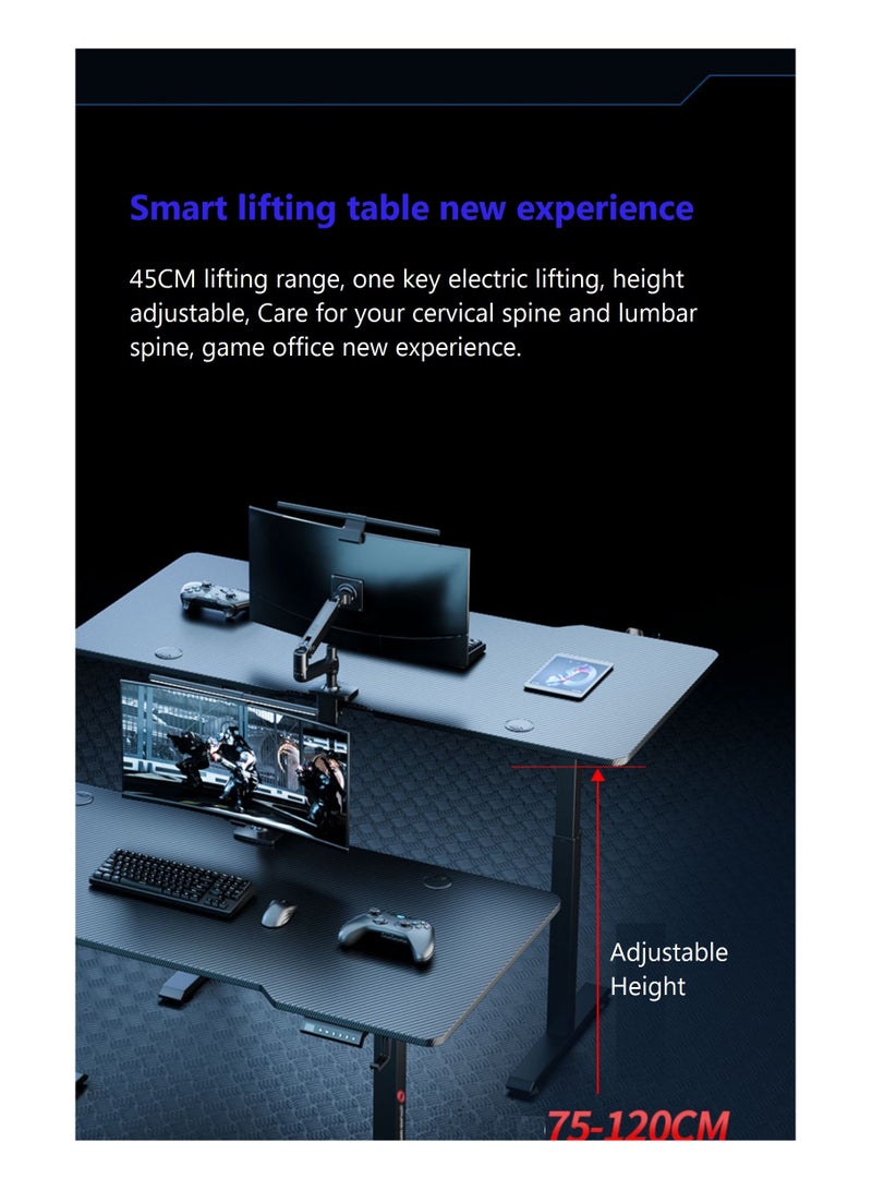 Computer and Multifunctional Gaming table made with Carbon Fibre textured panel. Electric Lifting feature. With Free 90 degrees Swing space mouse pad, Adjustable table