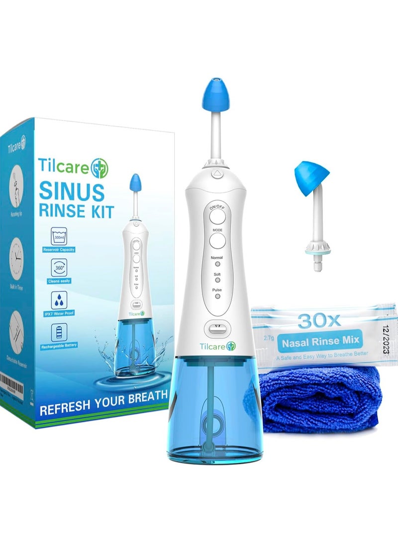 Sinus Rinse Kit Perfect Nasal Rinse Machine for Sinus & Allergy Relief - Electric Neti Pot for Nasal Irrigation That Will Cleanse Your stuffy Nose - Comes with a Towel and 30 Salt Packs